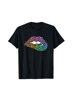 Rainbow Funny Leopard Print Lips Biting Bite Me Women Gifts T-Shirt