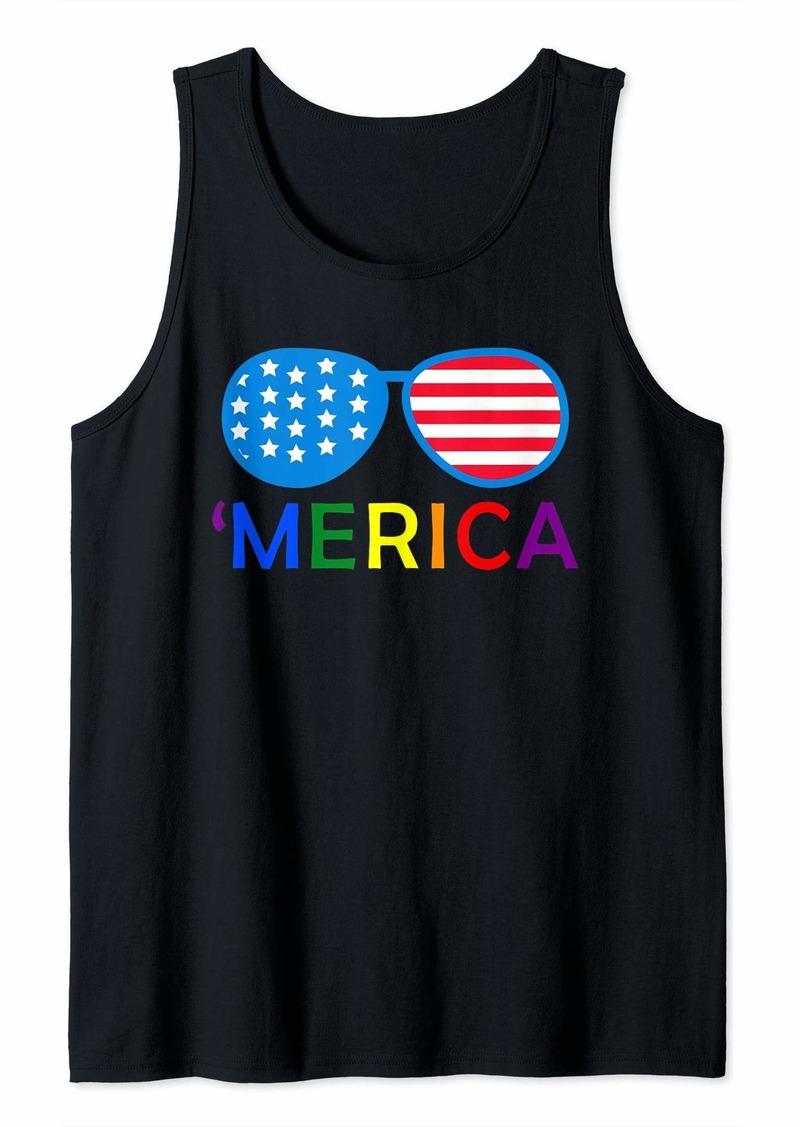Gay 4th of July Rainbow Merica Sunglasses American Flag Tank Top