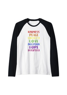Kindness Peace Love Inclusion Diversity LGBT Rainbow Pride Raglan Baseball Tee