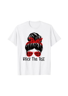 Rainbow Messy Bun Rock The Test Day 2023 Testing Day May Teacher T-Shirt