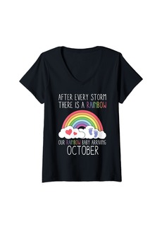 Rainbow Baby Arriving October Funny Baby Announcement Gift V-Neck T-Shirt
