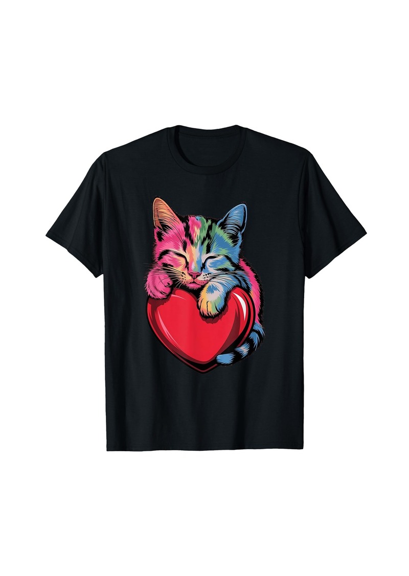 Rainbow Cute Cat Hugging Heart T-Shirt