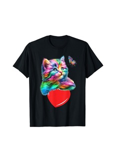 Rainbow Cat shirt Hugging Heart with Butterfly Kitty Love T-Shirt