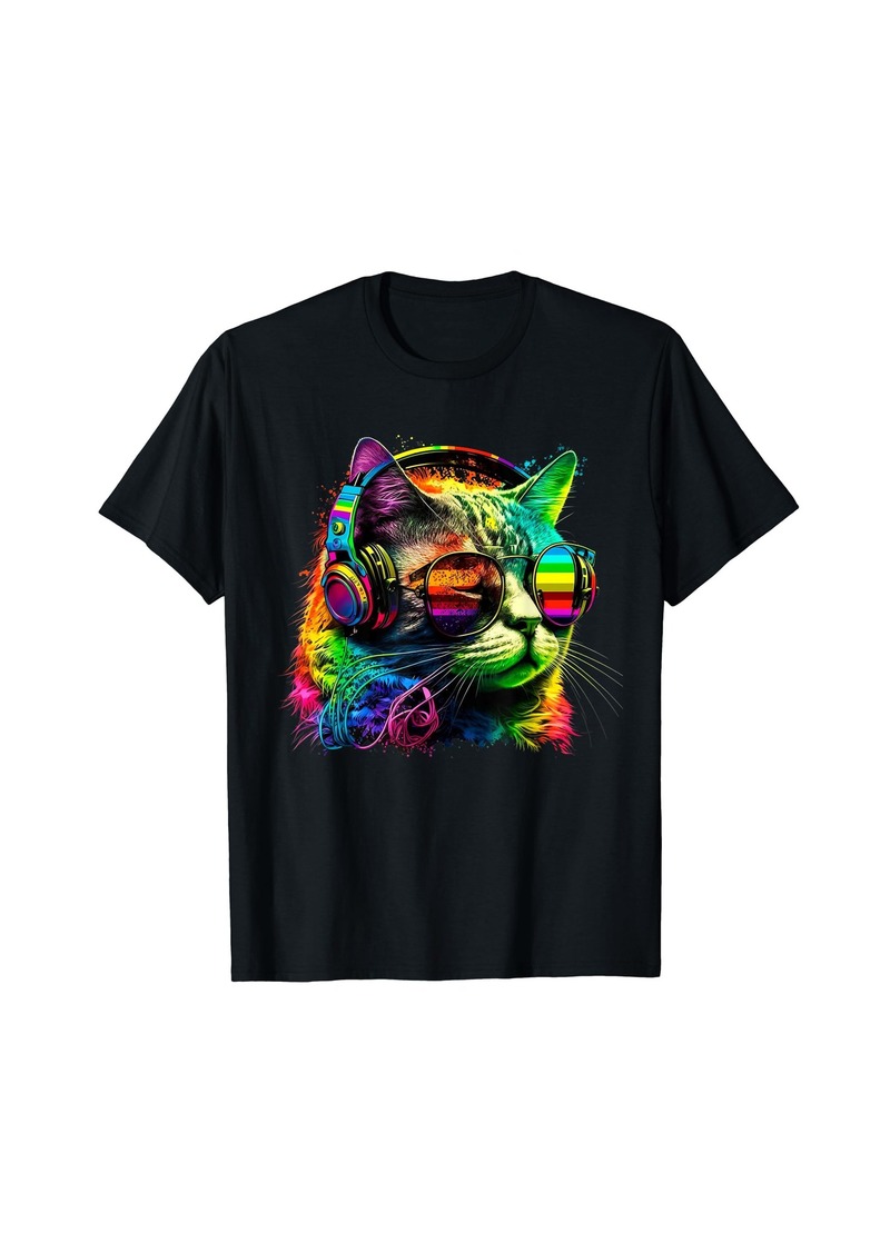 Rainbow DJ Cat with Sunglasses Headphones Music Funny Kitty T-Shirt