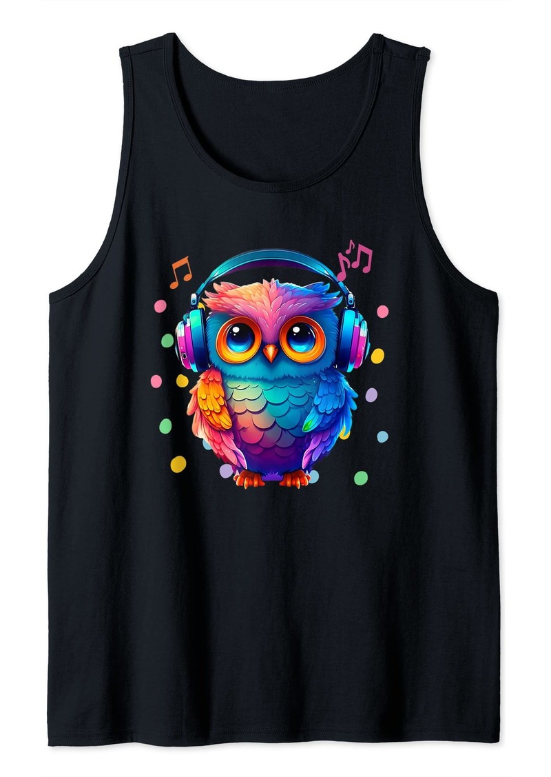 Rainbow Owl With Headphones Music Colorful Owl Graphic Tank Top