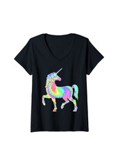 Rainbow Womens Tie-Dye Unicorn Colorful Pink Horse Silhouette Magical V-Neck T-Shirt