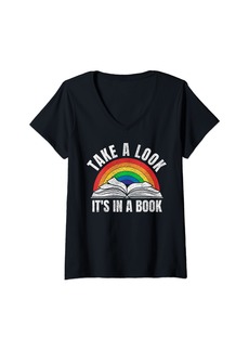 Womens vintage retro rainbow take a look it's in a book reading art V-Neck T-Shirt