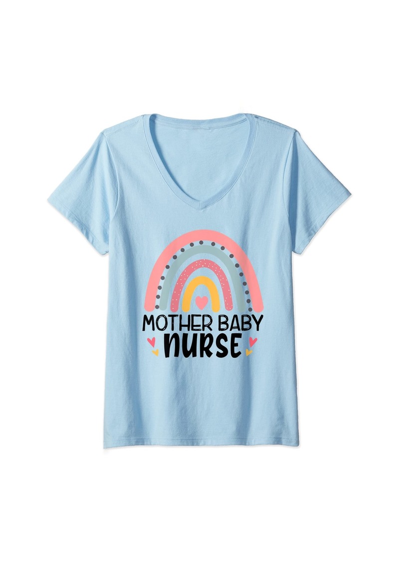Womens 0JVN Mother Baby Nurse Rainbow Postpartum Nursing Life V-Neck T-Shirt
