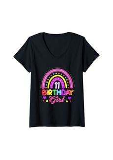 Womens 11th Birthday Girl Rainbow 11 Year Old Birthday Party V-Neck T-Shirt