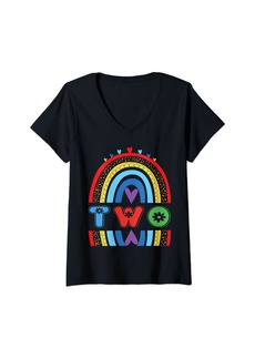 Womens 2 Years Old Rainbow Birthday Boy Girl 2nd Bday Party V-Neck T-Shirt