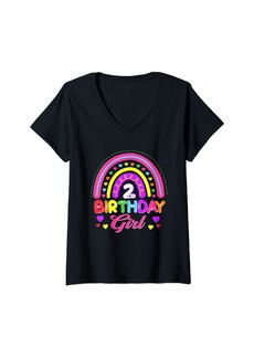 Womens 2nd Birthday Girl Rainbow 2 Year Old Birthday Party V-Neck T-Shirt