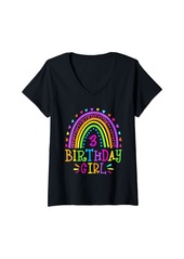 Womens 3 Year Old Shirt 3rd Birthday Girl Rainbow Shirt V-Neck T-Shirt