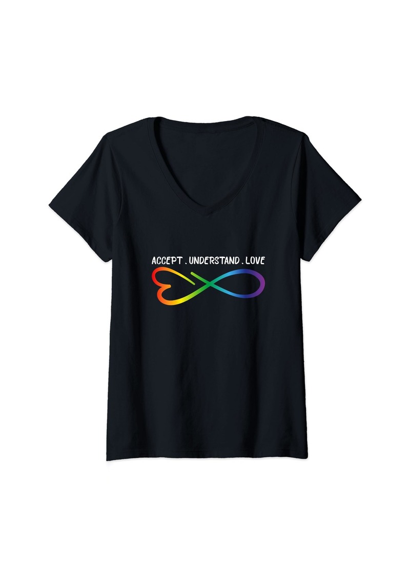 Rainbow Womens Accept Understand Love Neurodiversity Infinity Autism V-Neck T-Shirt
