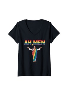 Womens Ah-Men Funny Gay Pride Rainbow Jesus Graphic V-Neck T-Shirt
