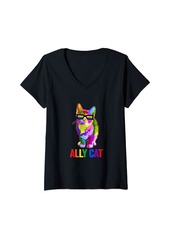 Rainbow Womens Ally Cat Shirt Colorful Ally Cat LGBT Gay Flag Cat Lover V-Neck T-Shirt