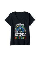 Rainbow Womens Autism Awareness And Acceptance Train Autism Puzzle Piece V-Neck T-Shirt