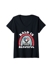 Rainbow Womens Bald Is Beautiful 4th of July Independence Day Bald Eagle V-Neck T-Shirt
