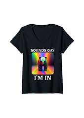 Womens Bear Gay Pride Month Rainbow LGBTQ Grizzly Wearing Shades V-Neck T-Shirt
