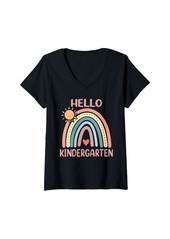 Womens Boho Rainbow Heart For Teachers Women Hello Kindergarten V-Neck T-Shirt