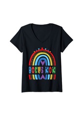 Womens Bonus Mom Rainbow Birthday Boy Girl Bday Party V-Neck T-Shirt