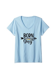Womens Born This Gay Rainbow LGBTQ Love & Support Pride Month V-Neck T-Shirt