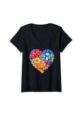 Womens Colorful Botanical Heart Rainbow Flowers V-Neck T-Shirt