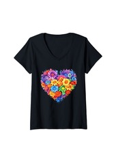 Womens Colorful Botanical Heart Rainbow Flowers V-Neck T-Shirt