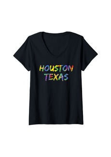 Womens Colorful Rainbow Houston Artwork City Pride Houston Texas V-Neck T-Shirt