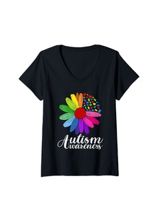 Rainbow Womens Colorful sunflower World Autism Awareness Day V-Neck T-Shirt