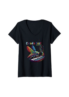 Womens Cool Rainbow Cicada Fest 2024 For Men's Women's Kids V-Neck T-Shirt