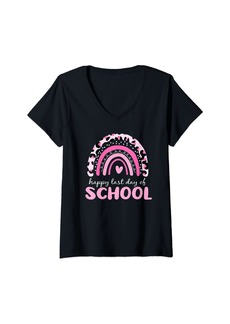 Womens Cute Last Day of School Shirt Pink Rainbow Leopard Teacher V-Neck T-Shirt