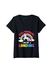 Rainbow Womens Cute Unicorn Still Working On My Landing Injury Broken Arm V-Neck T-Shirt