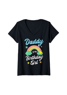 Womens Daddy Of The Birthday Girl Rainbow Family Bday Party V-Neck T-Shirt
