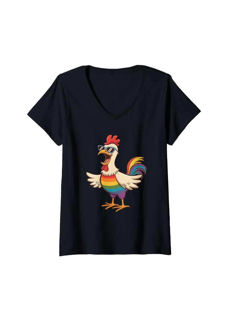 Rainbow Womens Eagerlys Colorful Funny Chicken Art V-Neck T-Shirt