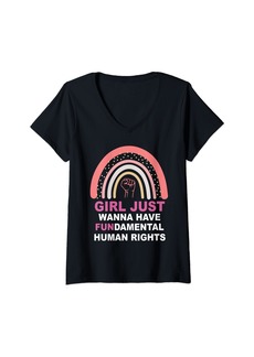 Womens Funny Girls Just Wanna Have Fundamental Rights Girl Rainbow V-Neck T-Shirt