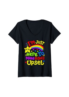 Rainbow Womens Funny LGBT Pride Just Here To Make Bigots Upset Gay Rights V-Neck T-Shirt