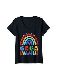 Womens Gaga Rainbow Birthday Boy Girl Grandpa Bday Party V-Neck T-Shirt