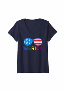 Womens Gay 4th of July Rainbow Merica Sunglasses American Flag V-Neck T-Shirt