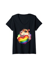 Womens Gay Pride Capybara Heart Rainbow Flag LGBT Women Girls Kids V-Neck T-Shirt