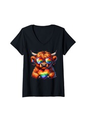 Womens Gay Pride Cow Heart Rainbow Flag LGBT Women Girls Kids V-Neck T-Shirt