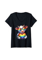 Womens Gay Pride Cow Heart Rainbow Flag LGBT Women Girls Kids V-Neck T-Shirt