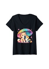 Womens Gay Pride Month Cute Cat Celebration Rainbow Flag LGBTQ V-Neck T-Shirt