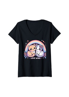 Womens Gay Pride Month Love Wins Rainbow Cats Cute Kawaii LGBTQ V-Neck T-Shirt