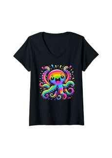 Womens Gay Pride Month Rainbow Octopus Cute Kawaii Women's LGBTQ V-Neck T-Shirt