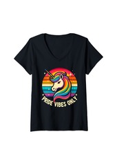 Womens Gay Pride Month Rainbow Pride Vibes Only Unicorn Cute LGBTQ V-Neck T-Shirt