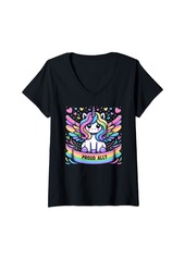 Womens Gay Pride Month Rainbow Proud Ally Unicorn Cute LGBTQ V-Neck T-Shirt