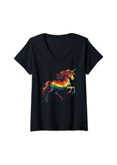 Womens Gay Pride Month Women's Cute Unicorn LGBTQ Rainbow Flag V-Neck T-Shirt