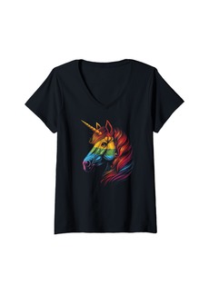 Womens Gay Pride Month Women's Cute Unicorn LGBTQ Rainbow Flag V-Neck T-Shirt