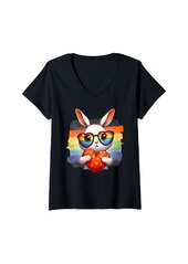 Womens Gay Pride Rabbit Heart Rainbow Flag LGBT Women Girls Kids V-Neck T-Shirt