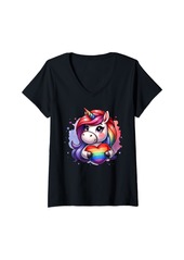 Womens Gay Pride Unicorn Heart Rainbow Flag LGBT Women Girls Kids V-Neck T-Shirt